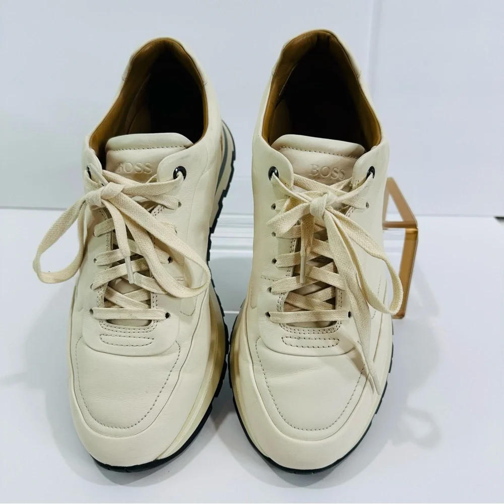 HUGO BOSS MENS BURNISH ITALIAN LEATHER SIZE 8 CREAM LOW TOP TRAINERS SNEAKERS - Picture 12 of 13